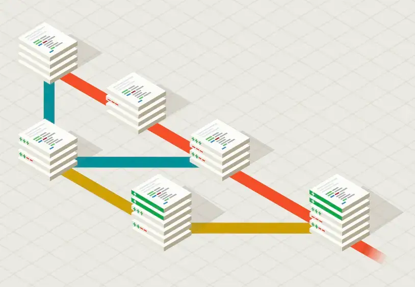 Infographic showing files connect by lines, representing git branches