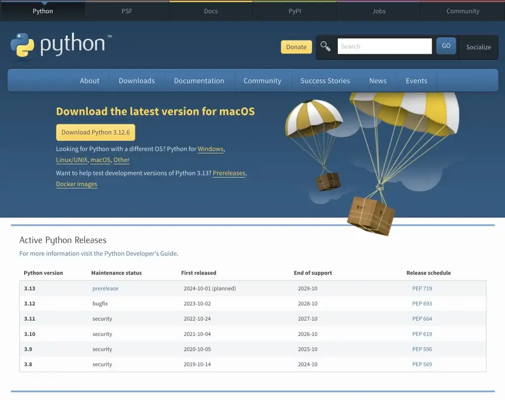 Screenshot of the python.org/downloads page