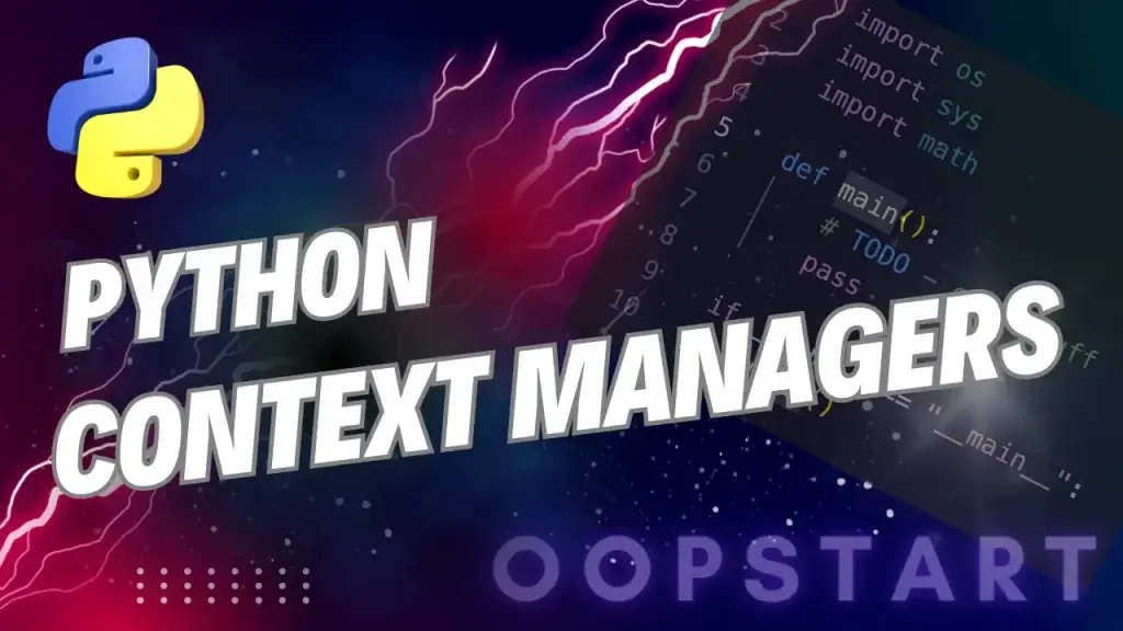 Lightning bolt with Python code snippet and "Python Context Managers" in blocky caps
