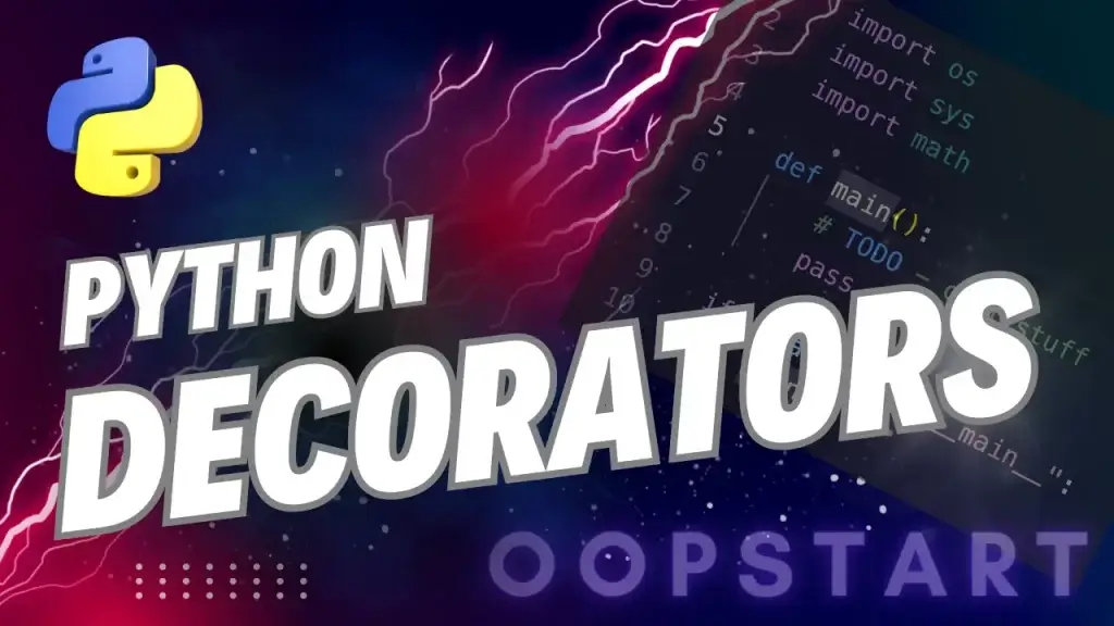 Lightning bolt with Python code snippet and "Python Decorators" in blocky caps