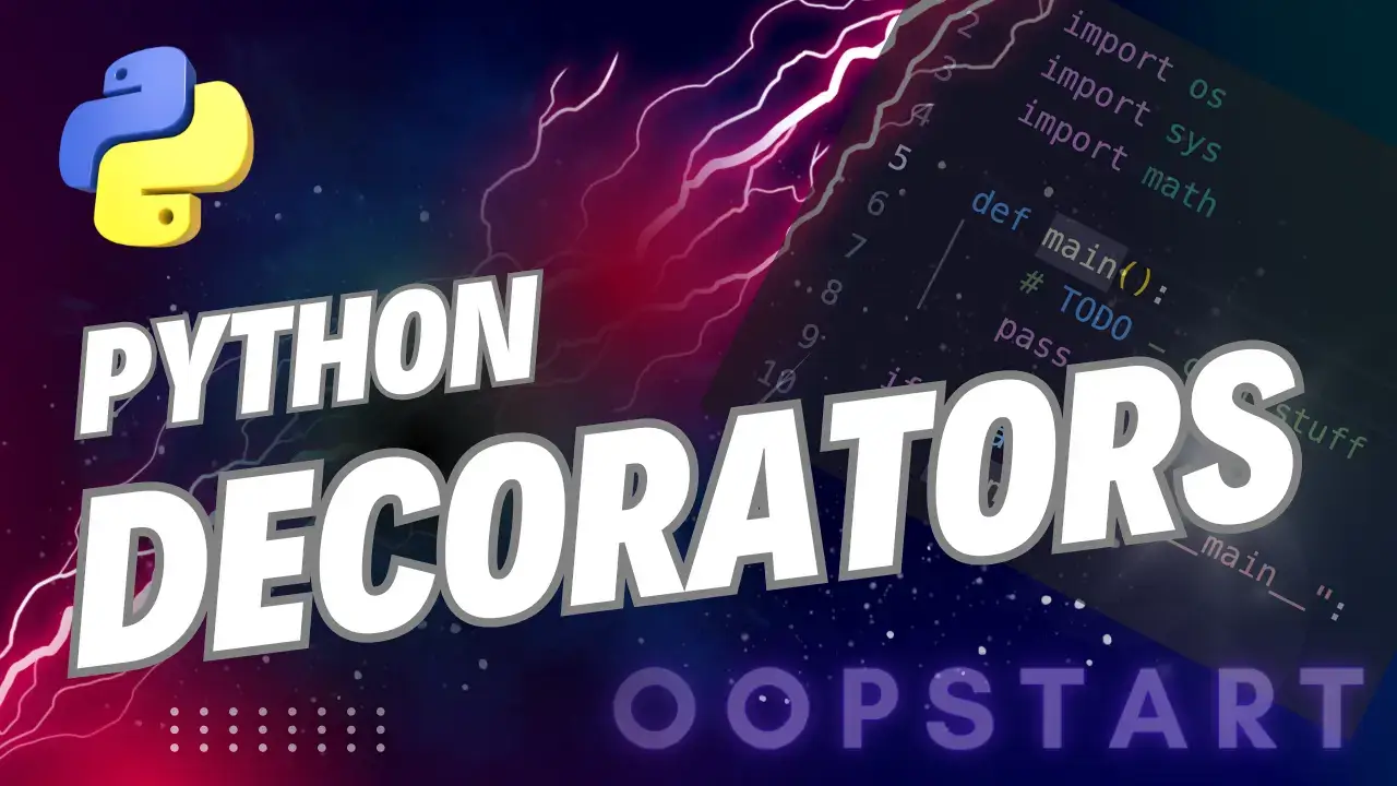 Lightning bolt with Python code snippet and "Python Decorators" in blocky caps