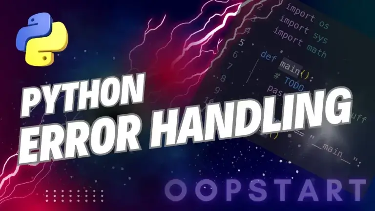 Lightning bolt and Python code snippet with "Python Error Handling" in blocky caps