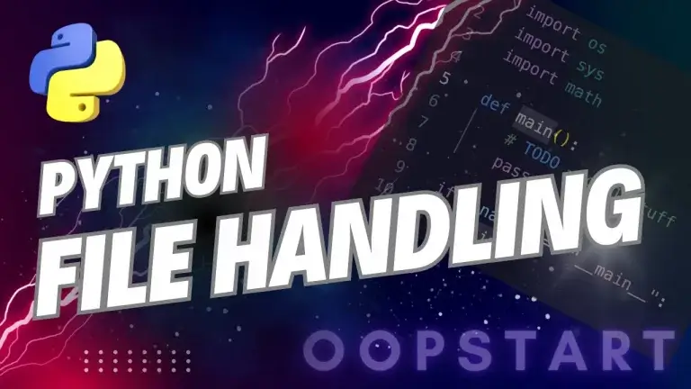 Lightning bolt with Python code snippet and "Python File Handling" in blocky caps