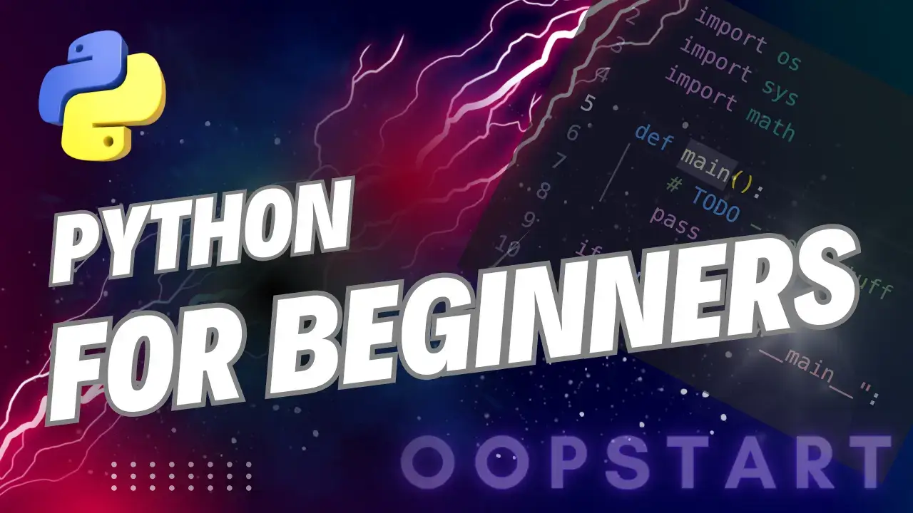 Lightning bolt and Python code snippet with "Python For Beginners" in blocky caps