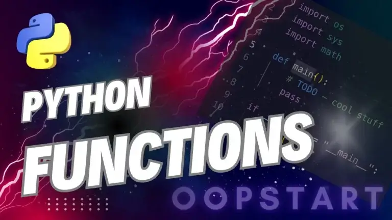 Lightning bolt and Python code snippet with "Python Functions" in blocky caps