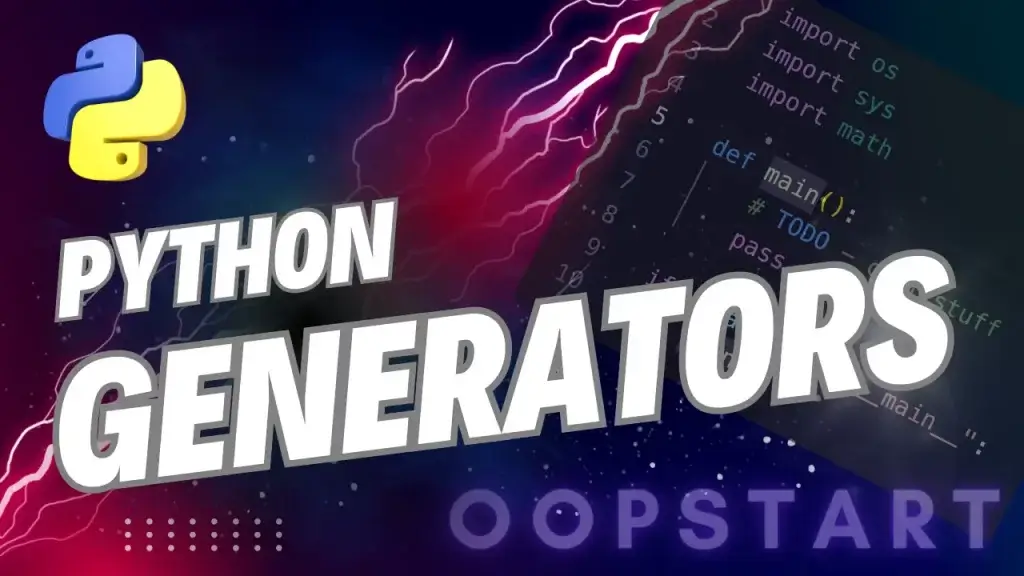 Lightning bolt with Python code snippet and "Python Generators" in blocky caps