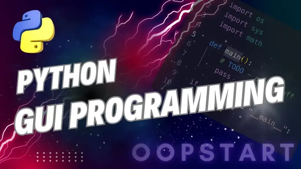Lightning bolt with Python code snippet and "Python GUI Programming" in blocky caps