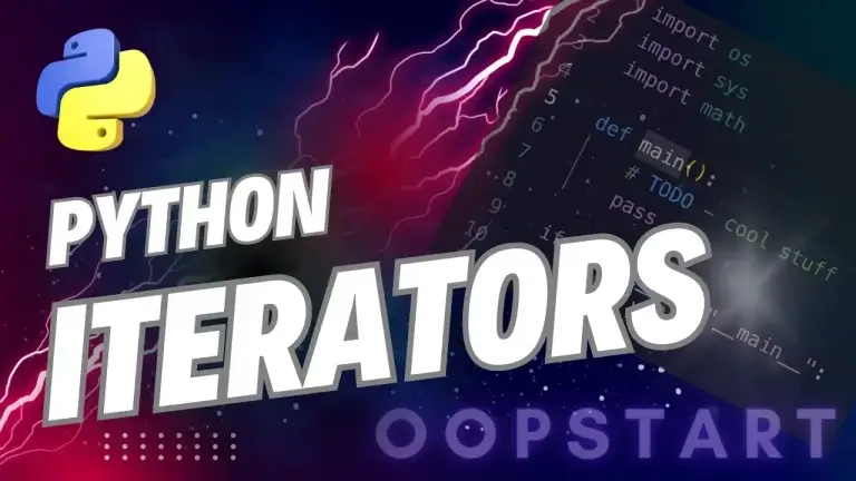 Lightning bolt with Python code snippet and "Python Iterators" in blocky caps