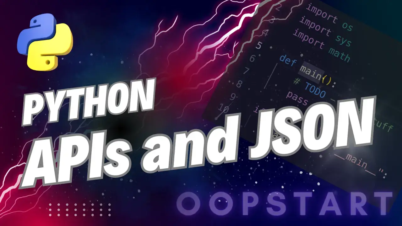 Lightning bolt with Python code snippet and "Python APIs and JSON' in blocky caps