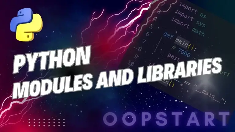 Lightning bolt and Python code snippet with "Python Modules and Lists" in blocky caps