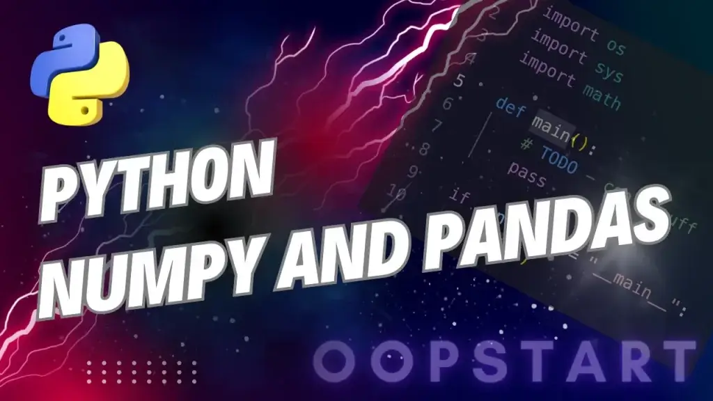 Lightning bolt and Python code snippet with "Python NumPy and Pandas" in blocky caps