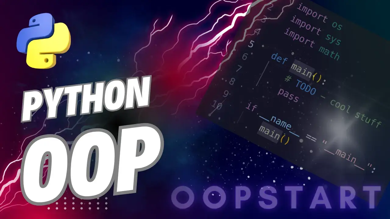 Lightning bolt and Python code snippet with "Python OOP" in blocky caps