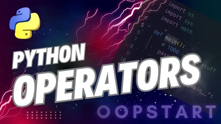 Lightning bolt and Python code snippet with "Python Operators" in blocky caps