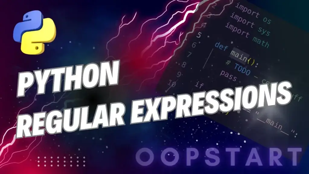 Lightning bolt with python code snippet and "Python Regular Expressions" in blocky caps