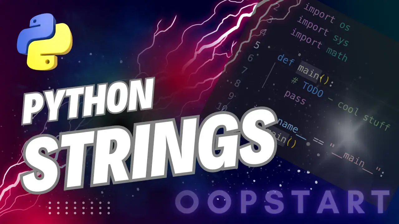Lightning bolt and Python code snippet with "Python Strings" in blocky caps