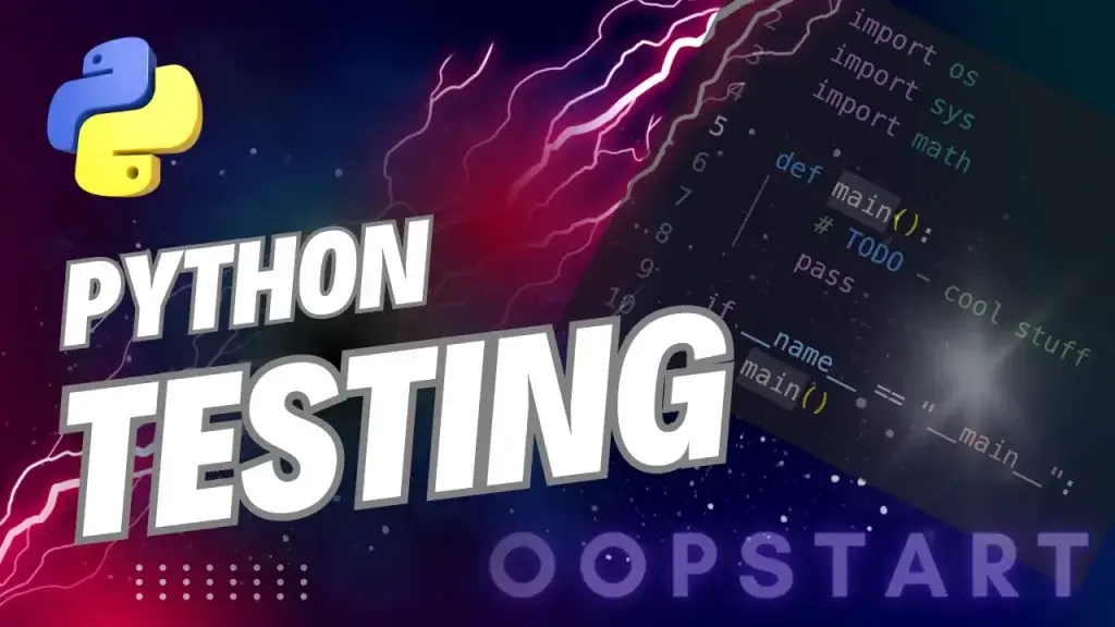 Lightning bolt with Python code snippet and "Python Testing" in blocky caps