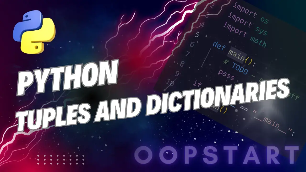 Lightning bolt and Python code snippet with "Python Tuples and Dictionaries" in blocky caps
