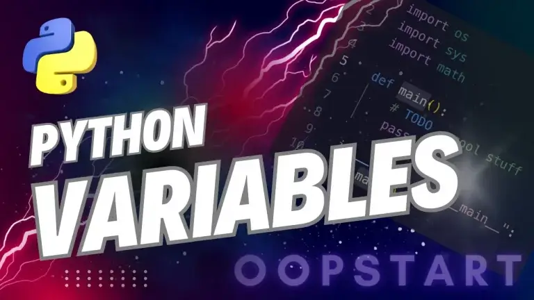 Lightning bolt and Python code snippet with "Python Variables" in blocky caps