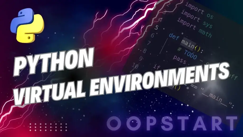 Lightning bolt with Python code snippet and "Python Virtual Environments" in blocky caps