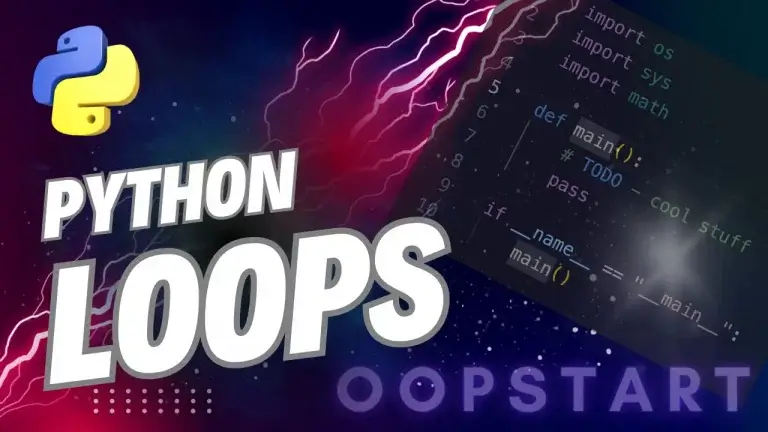 Lightning bolt and Python code snippet with "Python Loops" in blocky caps