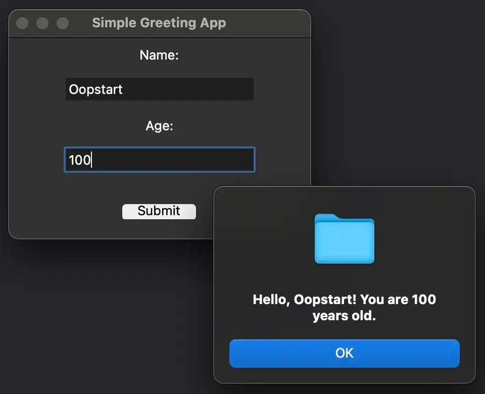 Example Tkinter app showing main window and dialog