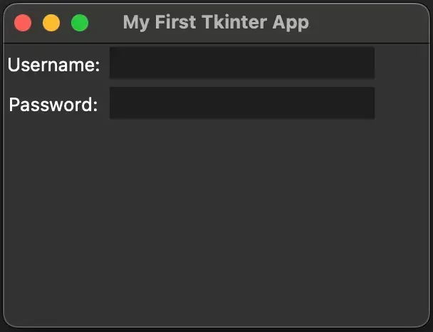 Tkinter window showing example of grid layout - username and password labels and textfields