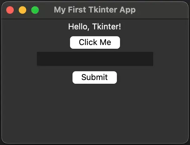 Tkinter window showing an example label, text field and submit button