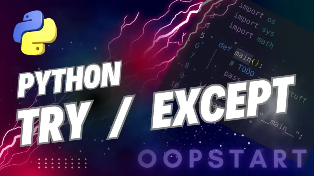 Lightning bolt and Python code snippet with "Python Try / Except" in blocky caps