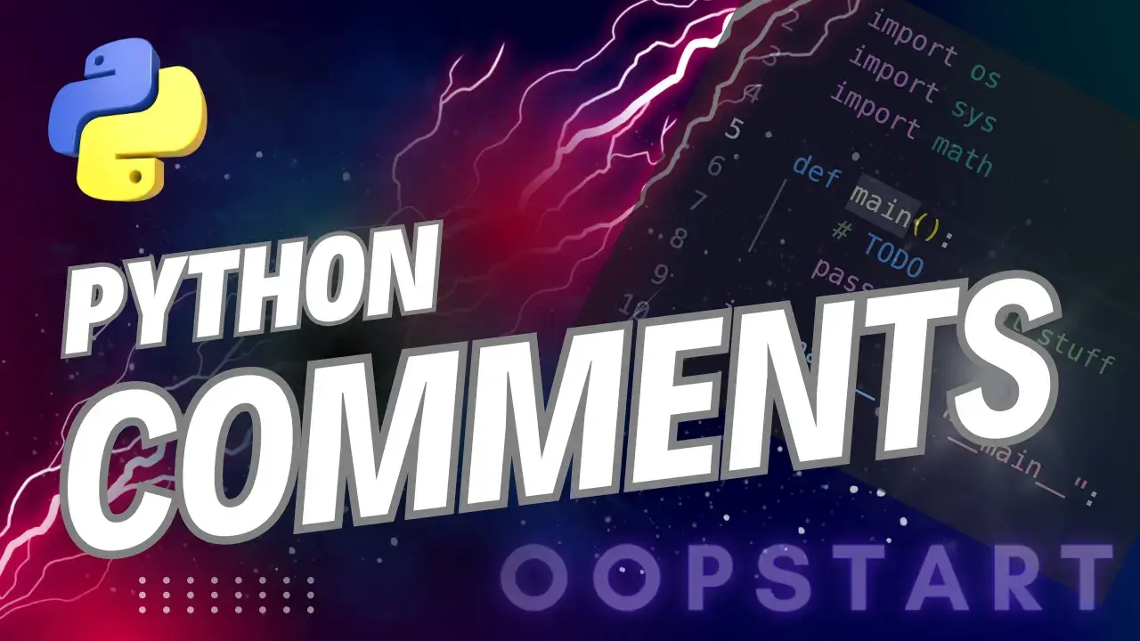 Lightning bolt and Python code snippet with "PYTHON COMMENT" in blocky caps
