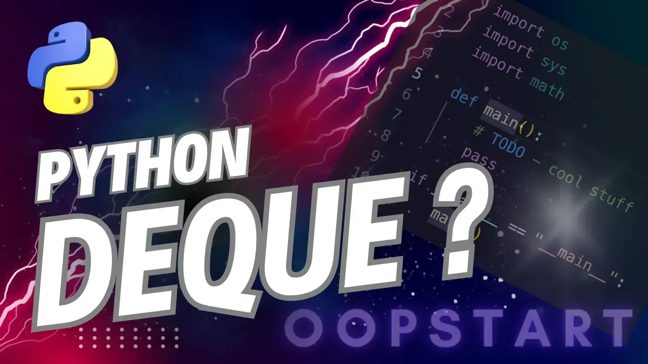 Lightning bolt and Python code snippet with "PYTHON DEQUE" in blocky caps