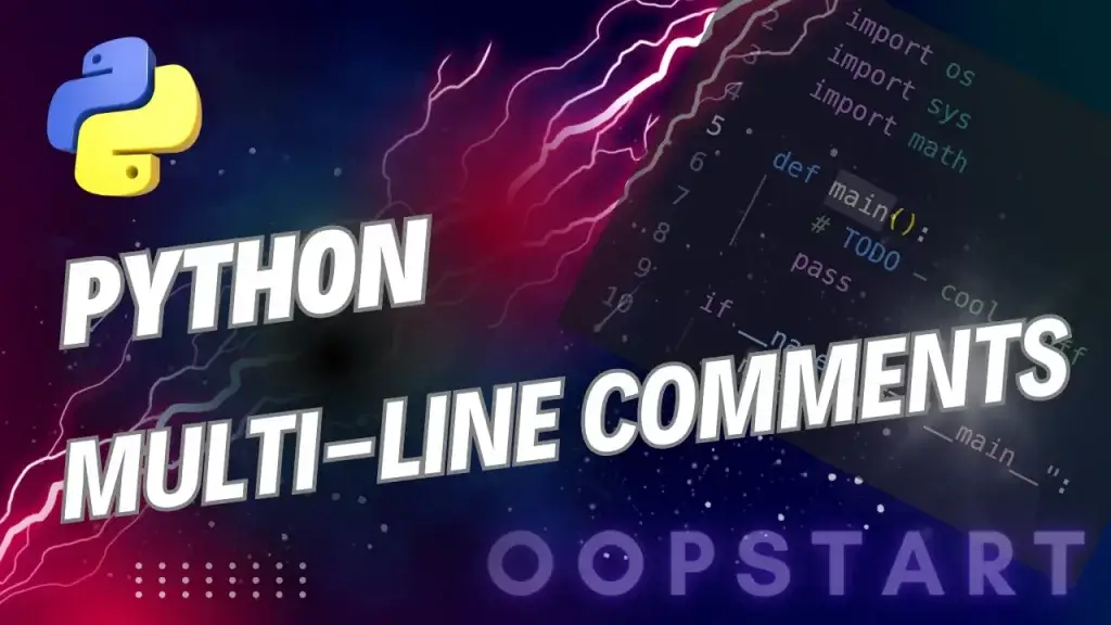Lightning bolt and Python code snippet with "PYTHON MULTILINE COMMENTS" in blocky caps