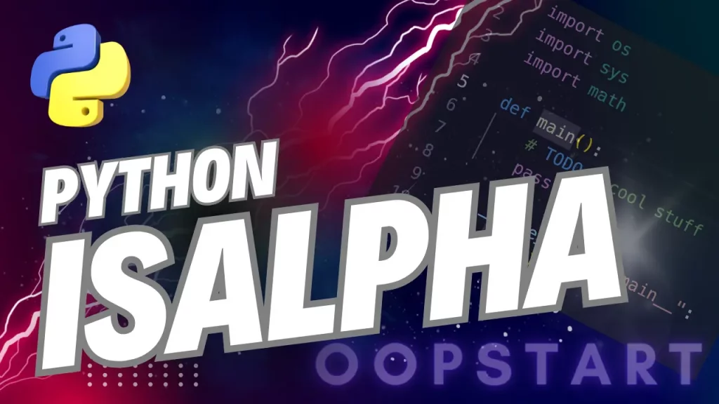 Lightning bolt and Python code snippet with "PYTHON ISALPHA" in blocky caps