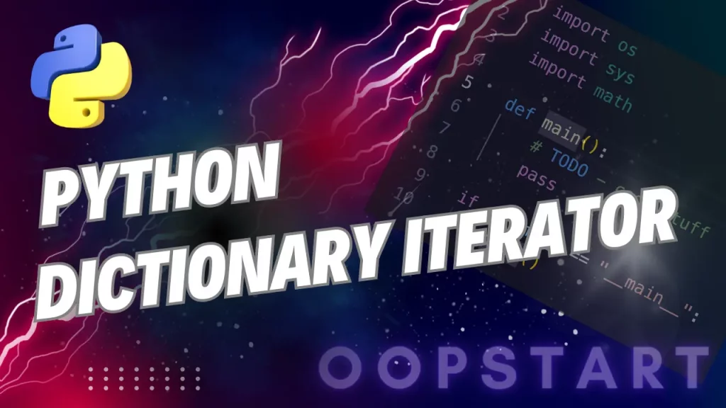Lightning bolt and Python code snippet with "PYTHON DICTIONARY ITERATE" in blocky caps