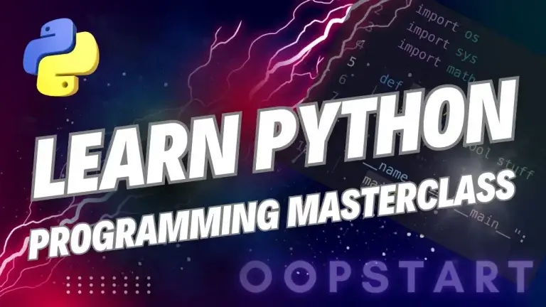 Lightning bolt and Python code snippet with "Learn Python Programming Masterclass" in blocky caps