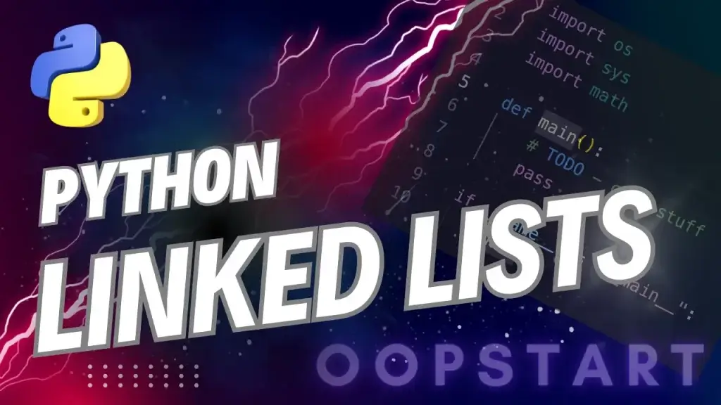 Lightning bolt and Python code snippet with "PYTHON LINKED LISTS" in blocky caps