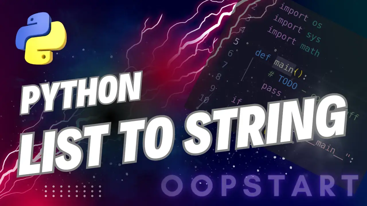 Lightning bolt and Python code snippet with "PYTHON LIST TO STRING" in blocky caps