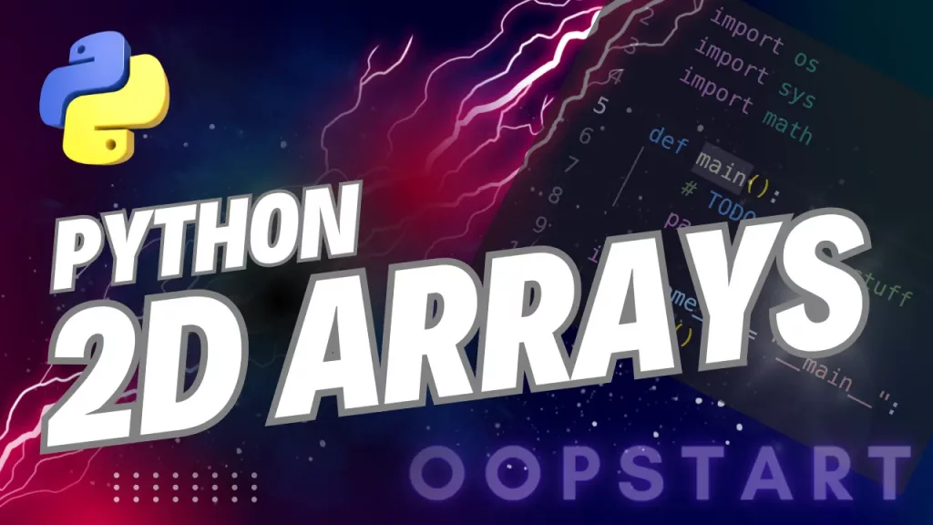 Lightning bolt and Python code snippet with "PYTHON 2D ARRAY" in blocky caps