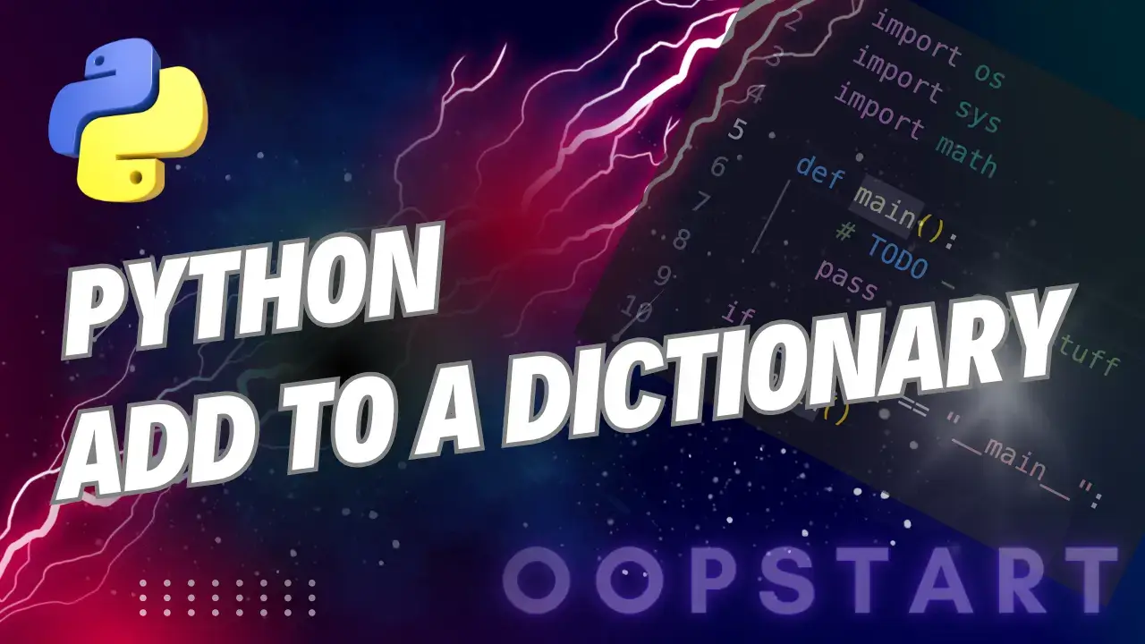 Lightning bolt and Python code snippet with "PYTHON ADD TO DICTIONARY" in blocky caps
