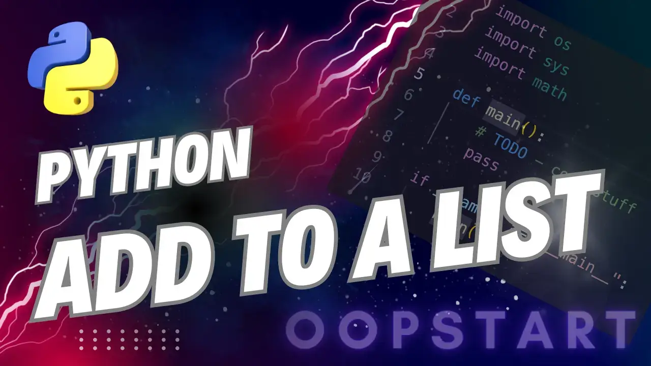 Lightning bolt and Python code snippet with "PYTHON ADD TO LIST" in blocky caps