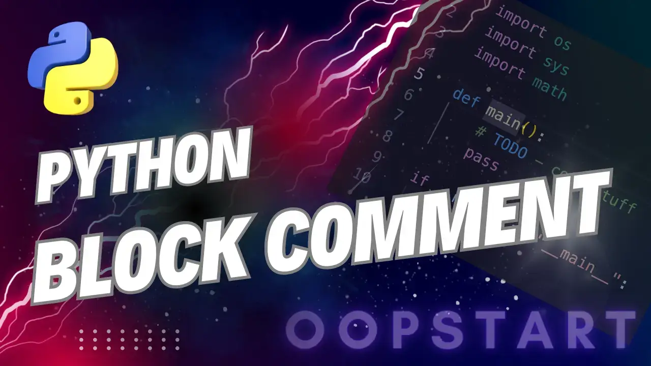 Lightning bolt and Python code snippet with "PYTHON BLOCK COMMENT" in blocky caps