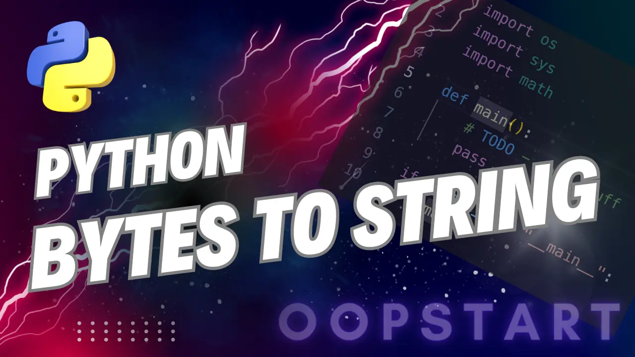 Lightning bolt and Python code snippet with "PYTHON BYTES TO STRING" in blocky caps