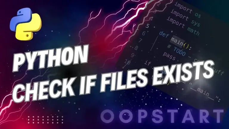 Lightning bolt and Python code snippet with "PYTHON CHECK IF FILE EXISTS" in blocky caps