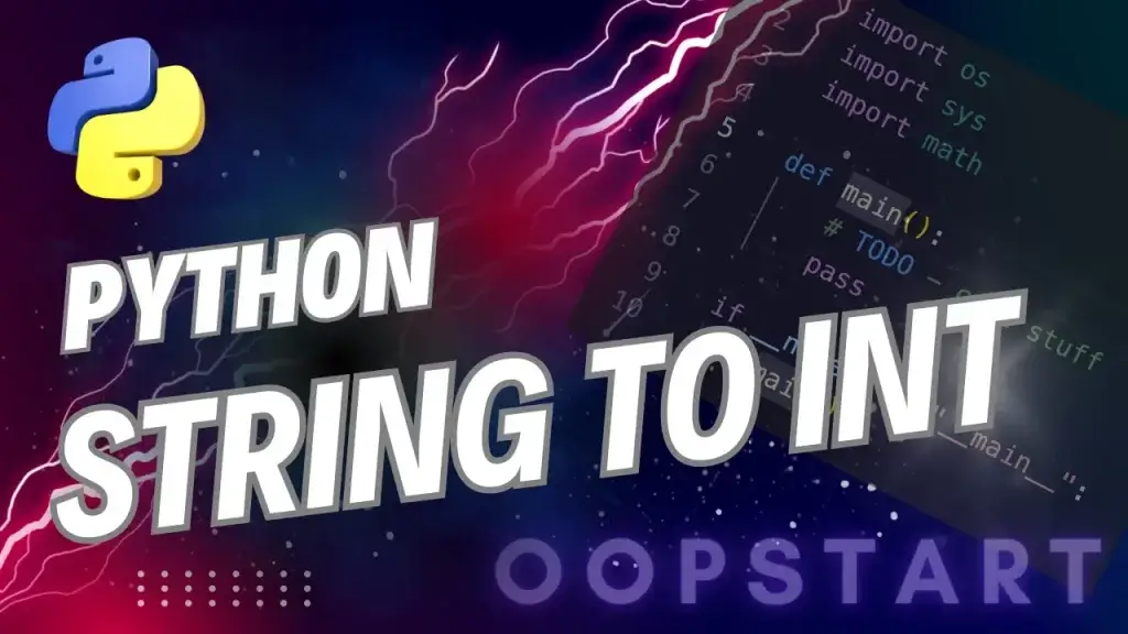 Lightning bolt and Python code snippet with "PYTHON CONVERT STRING TO INT" in blocky caps
