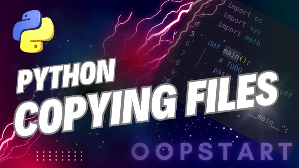 Lightning bolt and Python code snippet with "PYTHON COPY FILE" in blocky caps