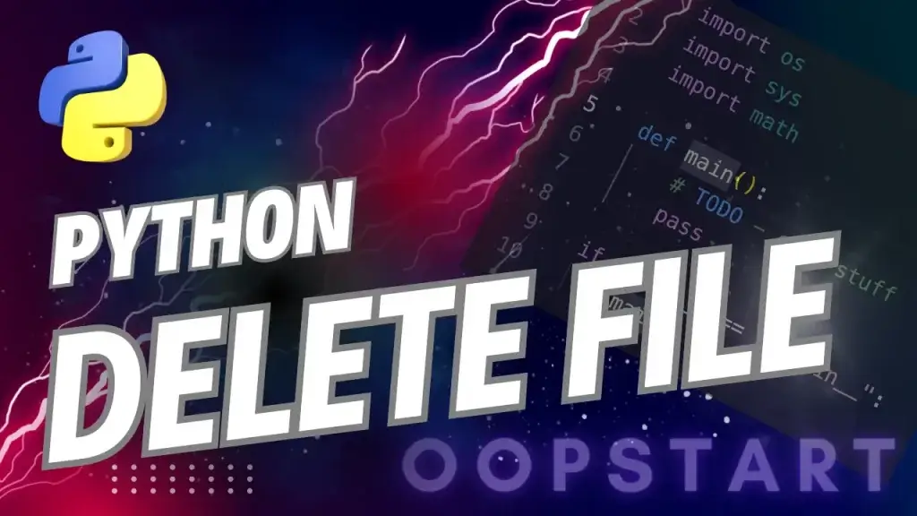 Lightning bolt and Python code snippet with "PYTHON DELETE FILE" in blocky caps