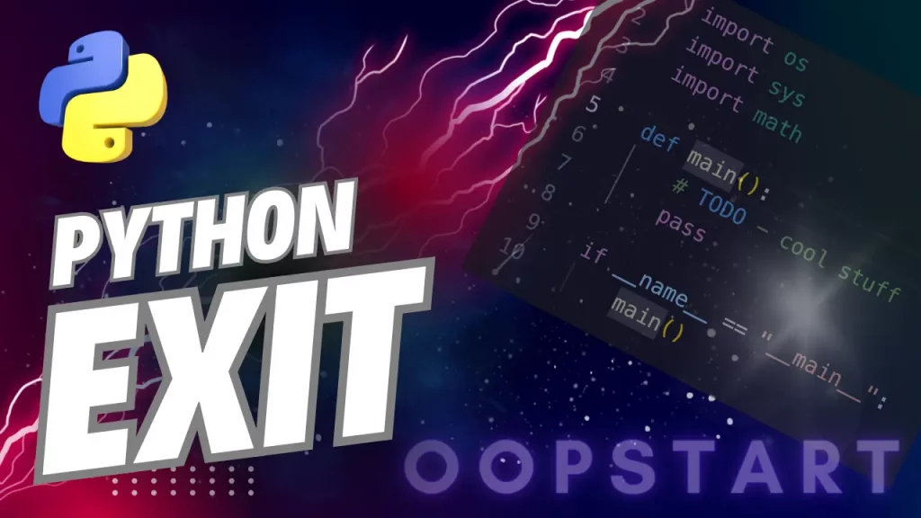 Lightning bolt and Python code snippet with "PYTHON EXIT" in blocky caps
