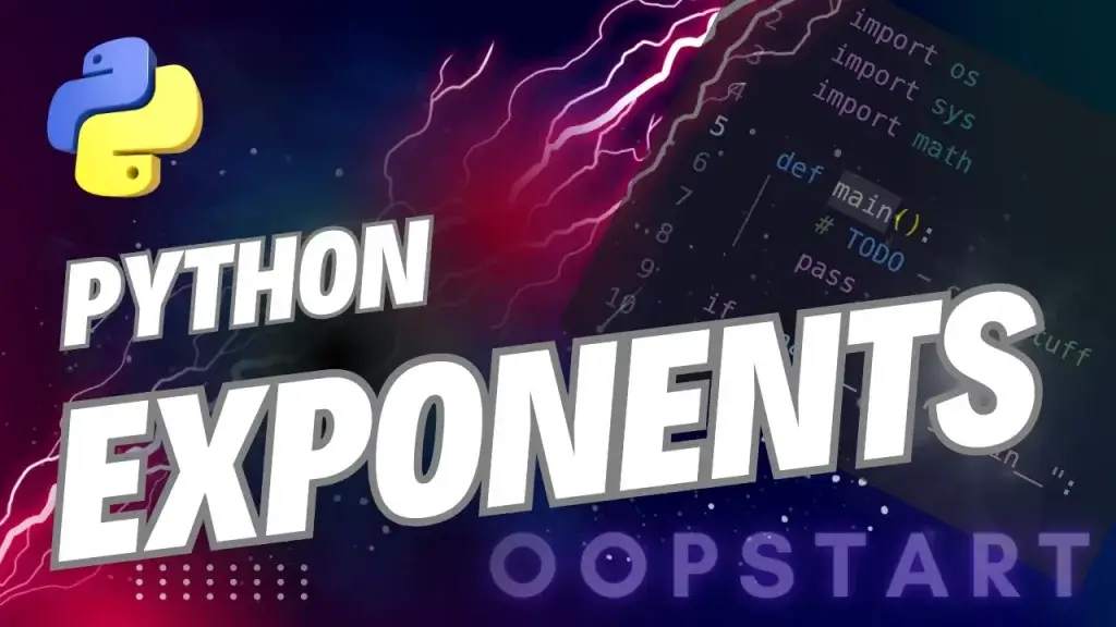 Lightning bolt and Python code snippet with "PYTHON EXPONENT" in blocky caps