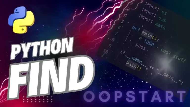 Lightning bolt and Python code snippet with "PYTHON FIND" in blocky caps