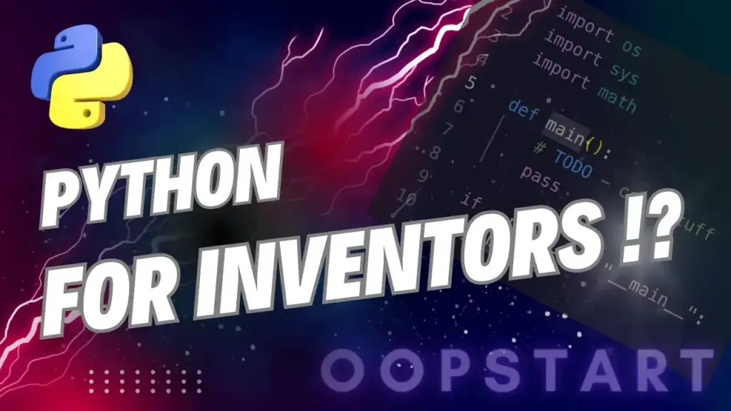 Lightning bolt and Python code snippet with "Python For Inventors" in blocky caps
