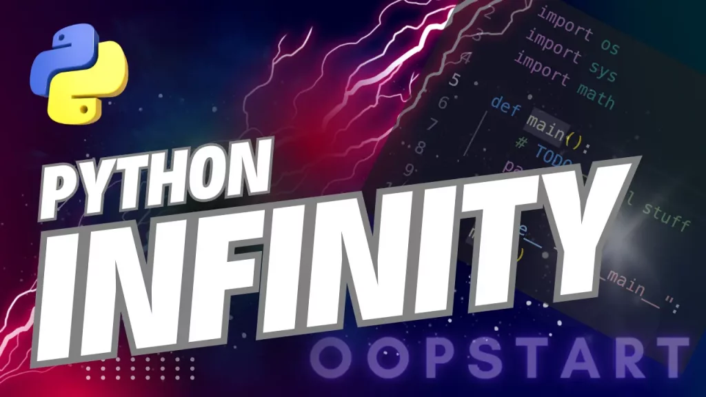 Lightning bolt and Python code snippet with "PYTHON INFINITY" in blocky caps